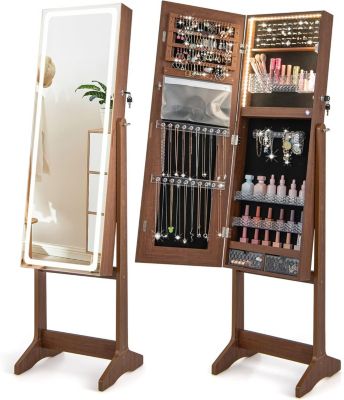 Armoire à Bijoux Avec Miroir Rotatif - 3 étagères, 120 Emplacements Boucles D'oreilles, Verrouillable, Marron - 6
