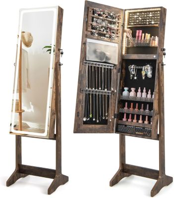 Armoire à Bijoux avec Miroir Armoire de Rangement sur Pied pour Boucles Oreilles Bague Collier Organisateur de Bijoux Marron