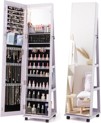 Armoire à Bijoux avec Miroir, avec Serrure, Lumières led 3 Couleurs, Miroir de Courtoisie Intégré, Roulettes, Autoportant (Violet)
