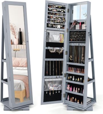 Armoire à Bijoux avec Miroir, Organisateur Chambre Pivotante, Coffre Bijoux pour Maquillage, Habillage, Gris