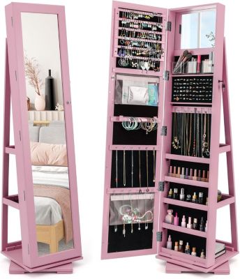 Armoire à Bijoux avec Miroir, Organisateur Chambre Pivotante, Coffre Bijoux pour Maquillage, Habillage, Rose