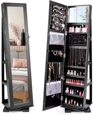 Armoire à Bijoux avec Miroir Plein Longueur avec étagère de Rangement&Serrure Organisateur Chambre Noir