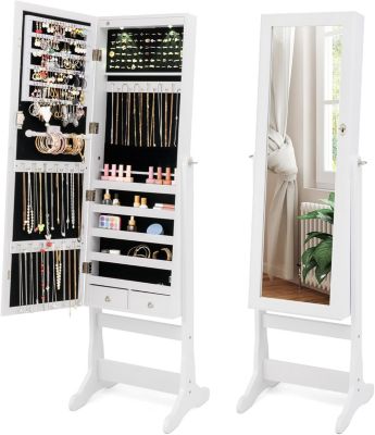 Armoire à Bijoux,avec Miroir Pleine Longueur, 4 Angles Inclinables , Lumières LED, Crochets, 5 Étagères et 2 Tiroirs (Blanc)