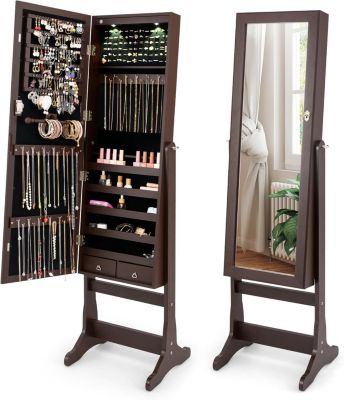 Armoire à Bijoux, avec Miroir Pleine Longueur, 4 Angles Inclinables, Lumières LED, Crochets, 5 Étagères et 2 Tiroirs (Brun)