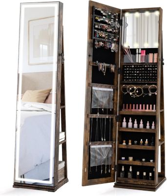 Armoire à Bijoux avec Miroir Pleine Longueur LED, Miroir Intérieur Éclairé 3 Couleurs, Étagères Arrière (Marron rustique)