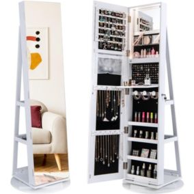 Armoire à Bijoux avec Miroir Pleine Longueur Rotative à Avec Lumière Led 3 Couleurs-Miroir de Maquillage Intérieur Blanc