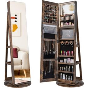 Armoire à Bijoux avec Miroir Pleine Longueur Rotative à Avec Lumière Led 3 Couleurs-Miroir de Maquillage Intérieur Café