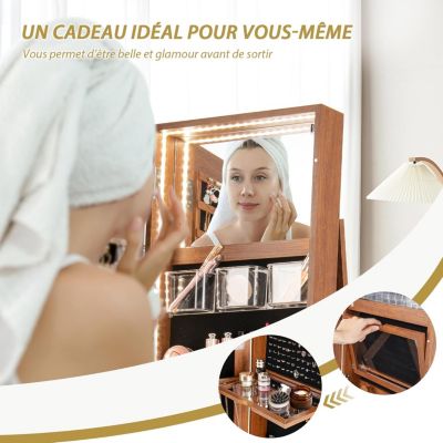 Armoire à Bijoux avec Miroir Pleine Longueur Rotative à Avec Lumière Led 3 Couleurs-Miroir de Maquillage Intérieur Marron