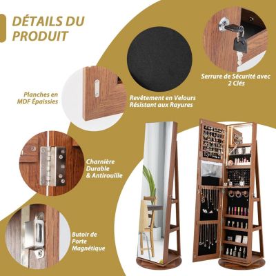 Armoire à Bijoux avec Miroir Pleine Longueur Rotative à Avec Lumière Led 3 Couleurs-Miroir de Maquillage Intérieur Marron