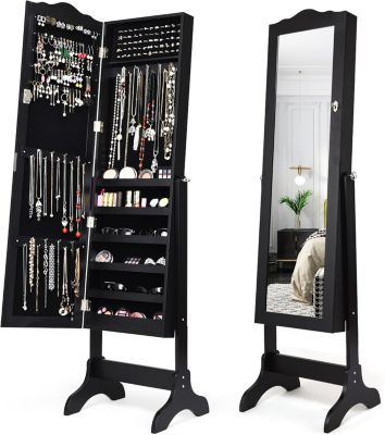 Armoire à Bijoux avec Miroir Réglable Armoire à Bijoux sur Pieds Organiseur de Bijoux Verrouillable Armoire de Rangement Noir