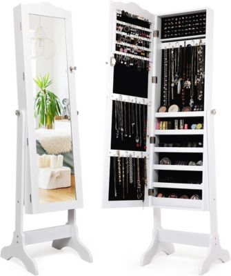 Armoire à Bijoux avec Miroir Réglable Armoire à Bijoux sur Pieds Organiseur de Bijoux Verrouillable Blanc