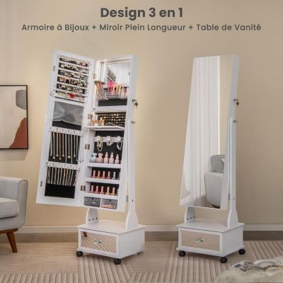 Armoire à Bijoux avec Roues Verrouillable-Miroir de Courtoisie Interne et Pleine Longueur-Lumières LED Blanc