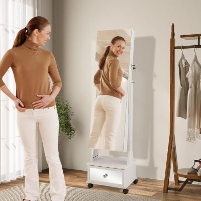 Armoire à Bijoux avec Roues Verrouillable-Miroir de Courtoisie Interne et Pleine Longueur-Lumières LED Blanc