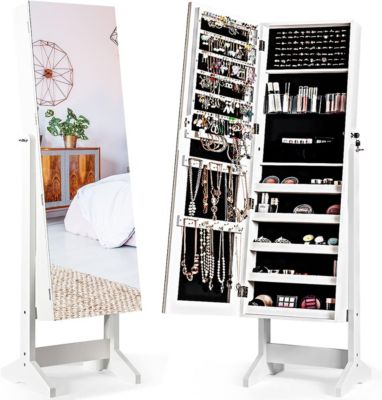 Armoire à bijoux de sol meuble de rangement pour bijoux verrouillable 2 en 1 avec miroir inclinable réglable