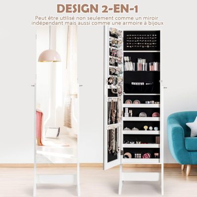 Armoire à bijoux de sol meuble de rangement pour bijoux verrouillable 2 en 1 avec miroir inclinable réglable