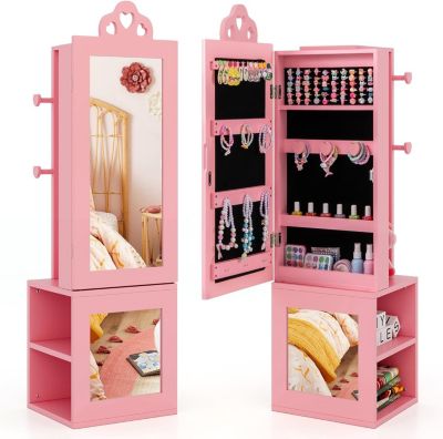 Armoire à Bijoux Enfant Fille 3 en 1 Armoire de Bijoux sur Pied avec Miroir Pleine Longueur Rose