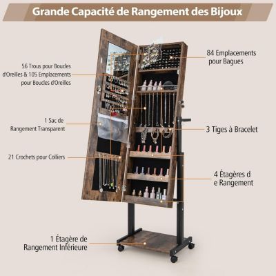 Armoire à Bijoux Miroir Pleine Longueur avec LED Réglable en Hauteur et en Angle-Roues Universelles et Porte-manteau Marron