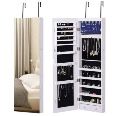 Armoire à bijoux miroir à suspendre 2 en 1 - éclairage LED intérieur, verrouillable, multi-rangement - blanc