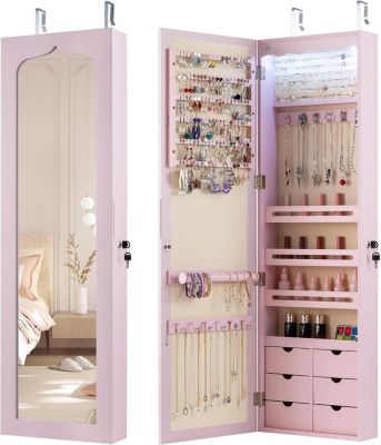 Armoire à Bijoux Mural avec Miroir et Lumière LED, Accrochée à la Porte avec Serrure, Miror Porte-Bijoux (Rose,120x36,5x11,5cm)