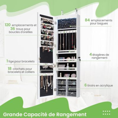 Armoire à Bijoux Mural avec Miroir et Lumière LED Armoire de Rangement Mural Accrochée à la Porte avec Serrure