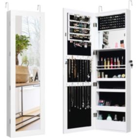 Armoire à Bijoux Murale avec Miroir Pleine Longueur avec Lumières LED Automatiques Miroir Intégré Serrure à Clé Blanc