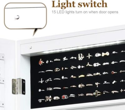 Armoire à Bijoux Murale avec Miroir Pleine Longueur avec Lumières LED Automatiques Miroir Intégré Serrure à Clé Blanc