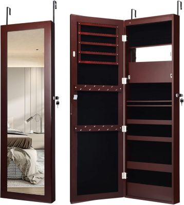 GOPLUS Armoire à Bijoux Mural avec Miroir et Lumière LED, Armoire de