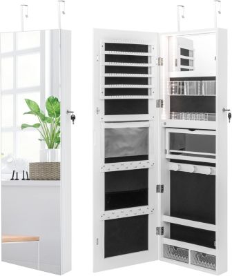 Armoire à Bijoux Murale avec Miroir sans Cadre avec Serrure Lumières Tricolores Miroir Intérieur Suspension de Porte Blanc
