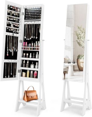 Armoire à Bijoux sur Pied avec Lumières LED et Miroir Rangement avec Miroir Plein Longueur sur le Miroir Blanc