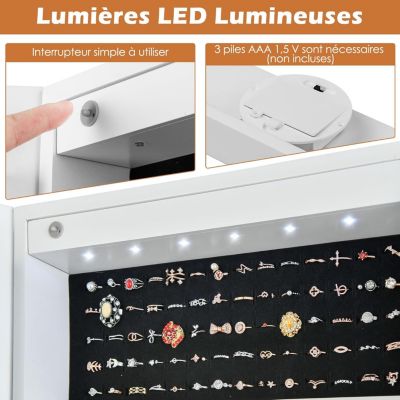 Armoire à Bijoux sur Pied avec Miroir sans Cadre Miroir Intégré Lumières LED 4 Angles Réglables Serrure à Clé Blanc