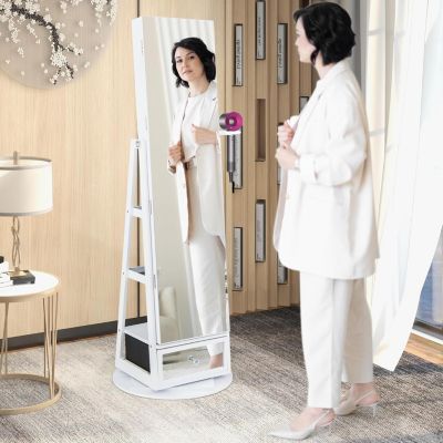 Armoire à Bijoux sur Pied Lumière LED Support pour Sèche Cheveux Miroir Pleine Longueur Blanc