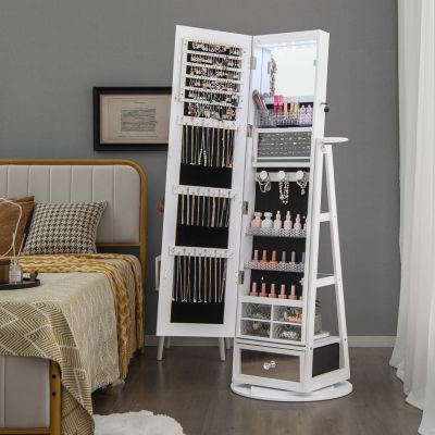 Armoire à Bijoux sur Pied Lumière LED Support pour Sèche Cheveux Miroir Pleine Longueur Blanc