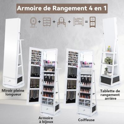 Armoire à Bijoux sur Pied Lumière LED Support pour Sèche Cheveux Miroir Pleine Longueur Blanc