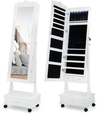 Armoire à Bijoux sur Pied à Roulettes Verrouillables avec Miroir Pleine Longueur Lumières LED Serrure à Clé Blanc