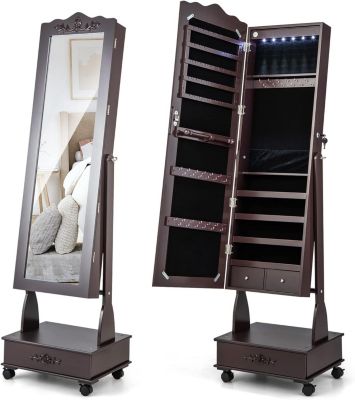 Armoire à Bijoux sur Pied à Roulettes Verrouillables avec Miroir Pleine Longueur Lumières LED Serrure à Clé Marron