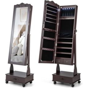 Armoire à Bijoux sur Pied à Roulettes Verrouillables avec Miroir Pleine Longueur Lumières LED Serrure à Clé Marron