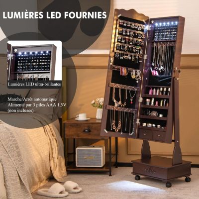 Armoire à Bijoux sur Pied à Roulettes Verrouillables avec Miroir Pleine Longueur Lumières LED Serrure à Clé Marron