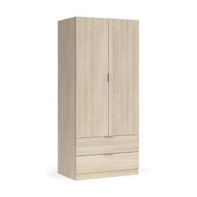 Armoire Burbank, armoire de chambre 2 portes 2 tiroirs, armoire de chambre avec barre de suspension, 81x52h180 cm, chêne