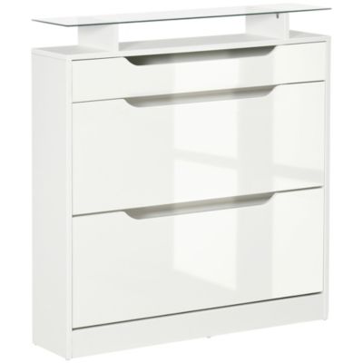 Armoire à chaussures - 2 tiroirs rabattables, tiroir coulissant, niche, étagère verre - façade blanc laqué