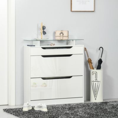 Armoire à chaussures - 2 tiroirs rabattables, tiroir coulissant, niche, étagère verre - façade blanc laqué
