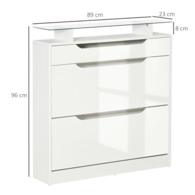 Armoire à chaussures - 2 tiroirs rabattables, tiroir coulissant, niche, étagère verre - façade blanc laqué