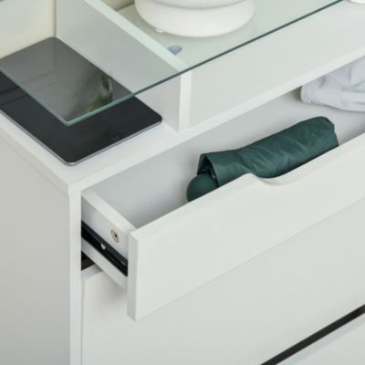 Armoire à chaussures - 2 tiroirs rabattables, tiroir coulissant, niche, étagère verre - façade blanc laqué