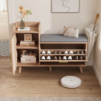 Armoire à chaussures avec banc, 2 tiroirs et 2 étagères, design bois naturel, coussins gris amovibles, 100x30x69.5 cm