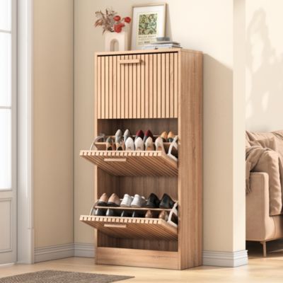 Armoire à chaussures en rotin, design aéré élégant, panneaux robustes étanches, dispositif anti basculement, 60x24x113 cm