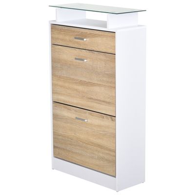 Armoire à chaussures organisateur de chaussures 2 portes abattantes 2 compartiments tiroir étagère verre effet chêne blanc