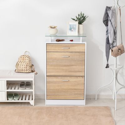 Armoire à chaussures organisateur de chaussures 2 portes abattantes 2 compartiments tiroir étagère verre effet chêne blanc