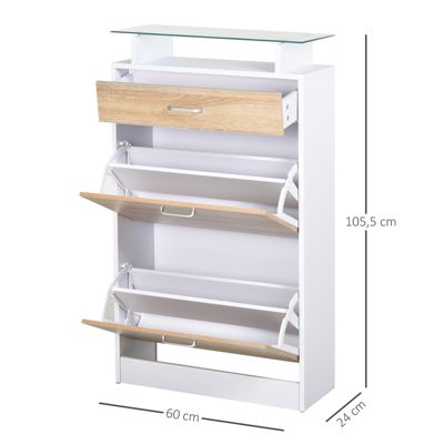 Armoire à chaussures organisateur de chaussures 2 portes abattantes 2 compartiments tiroir étagère verre effet chêne blanc