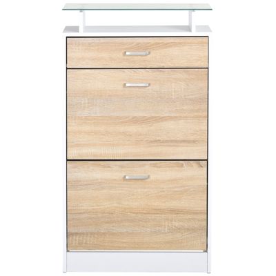 Armoire à chaussures organisateur de chaussures 2 portes abattantes 2 compartiments tiroir étagère verre effet chêne blanc