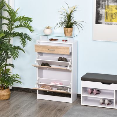 Armoire à chaussures organisateur de chaussures 2 portes abattantes 2 compartiments tiroir étagère verre effet chêne blanc