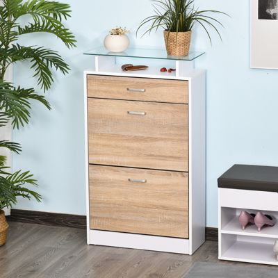 Armoire à chaussures organisateur de chaussures 2 portes abattantes 2 compartiments tiroir étagère verre effet chêne blanc